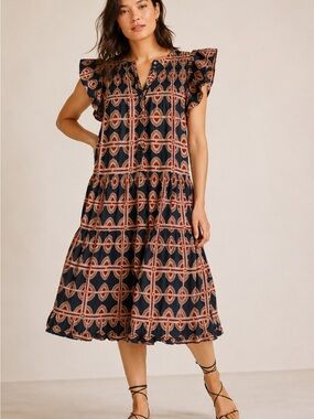 sea renee cotton tiered dress Sea New York | Dresses | L Sea New York Renee Mustard Cotton Puff Sleeve  Smocked Midi Dress Peasant